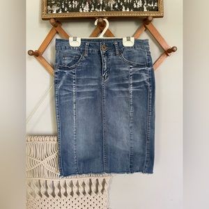 One 5 One distressed denim pencil skirt modest knee length